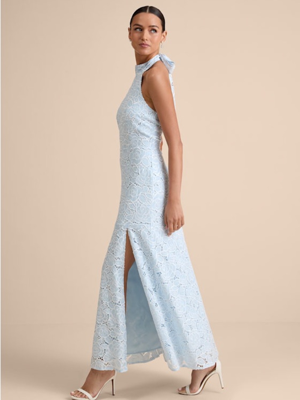 Lulu's Powder Blue Lace Halter Maxi Dress with Front Slit